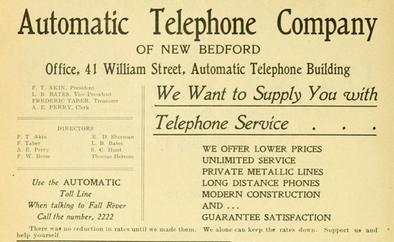 1906 Ad for Automatic telephone service in New Bedford, ma. - www.WhalingCity.net